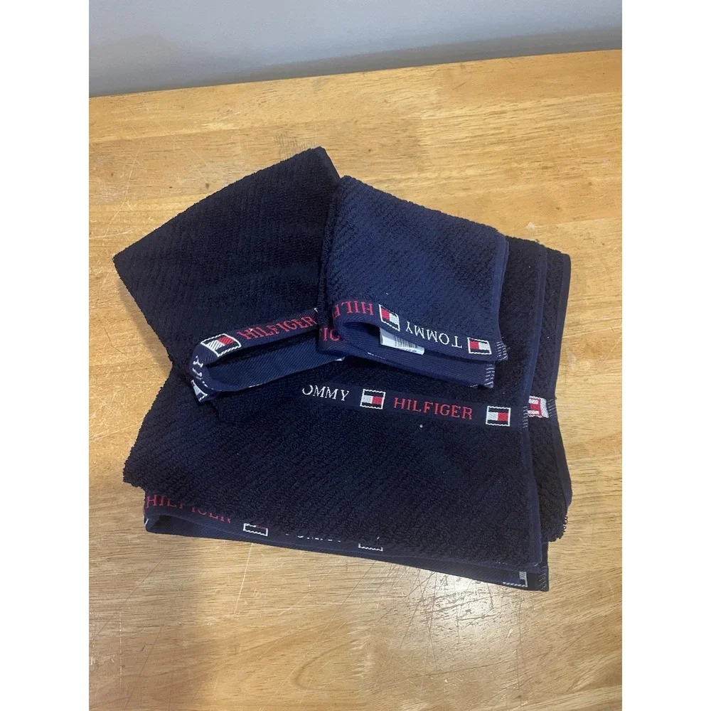 Vintage Tommy Hilfiger Bath Hand Towel Set Blue Flag Logo Stripes Spell Out Wash
